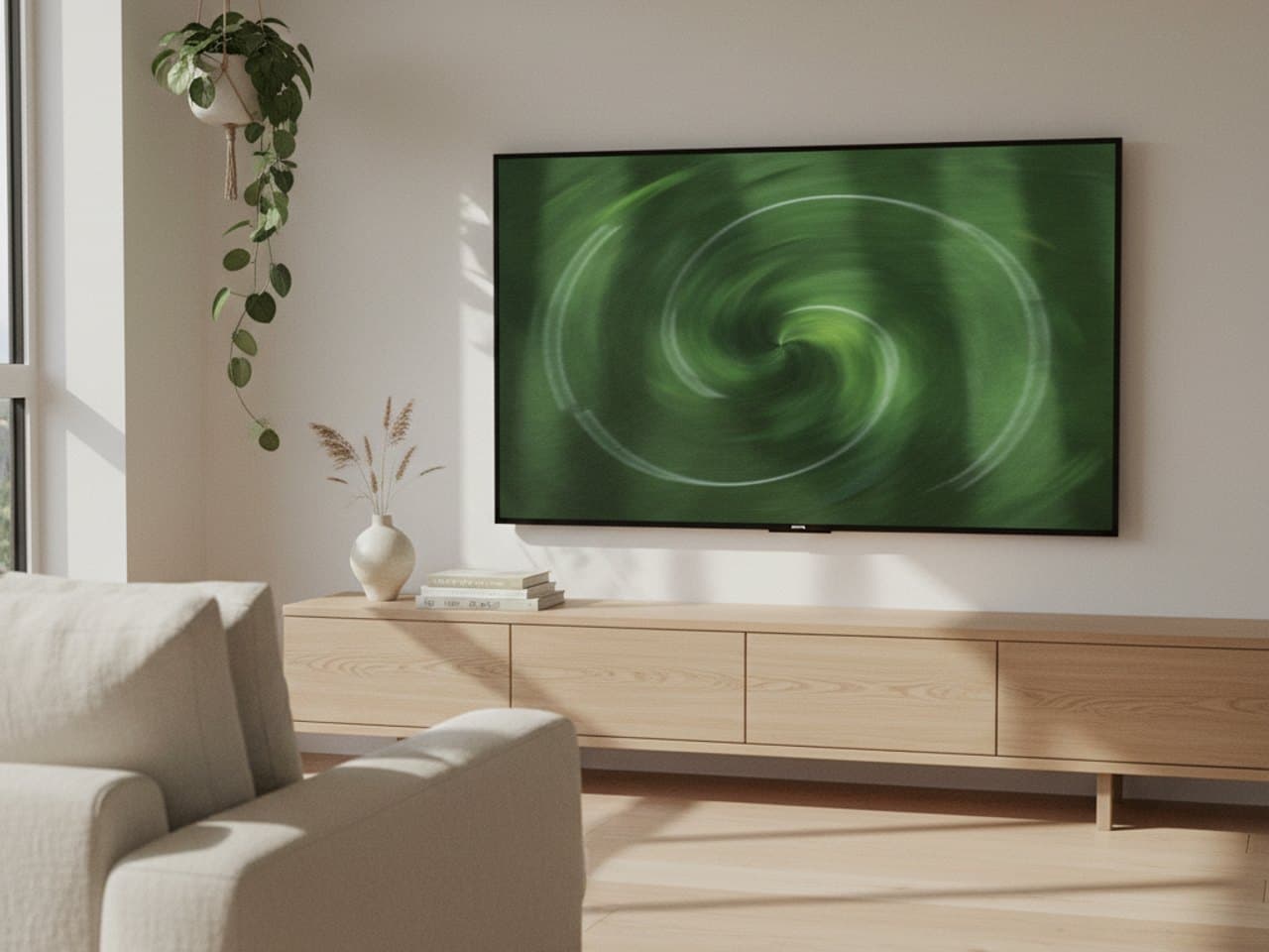 Wohnzimmer mit Fernseher, auf dem Live-Fußball läuft