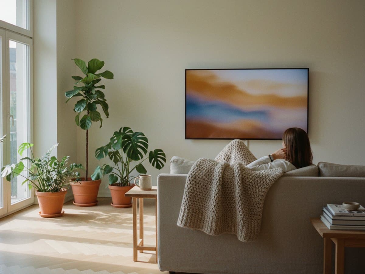Person, die zu Hause entspannt eine Serie auf dem Fernseher schaut